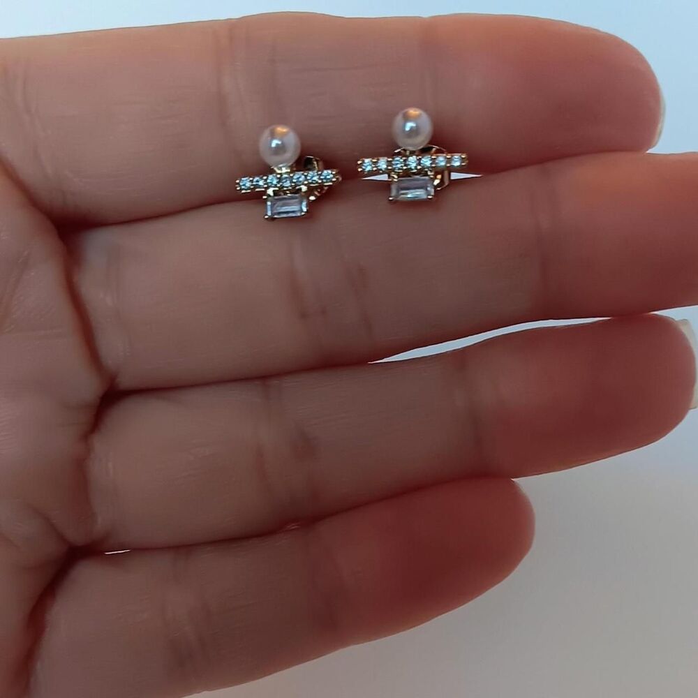 Goldtone Faux Pearl & Clear Rhinestone Dot and Line Stud Earrings